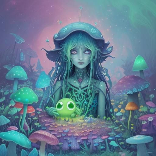 Green Ooze Creature in Mushroom Garden, Cartoon Style
