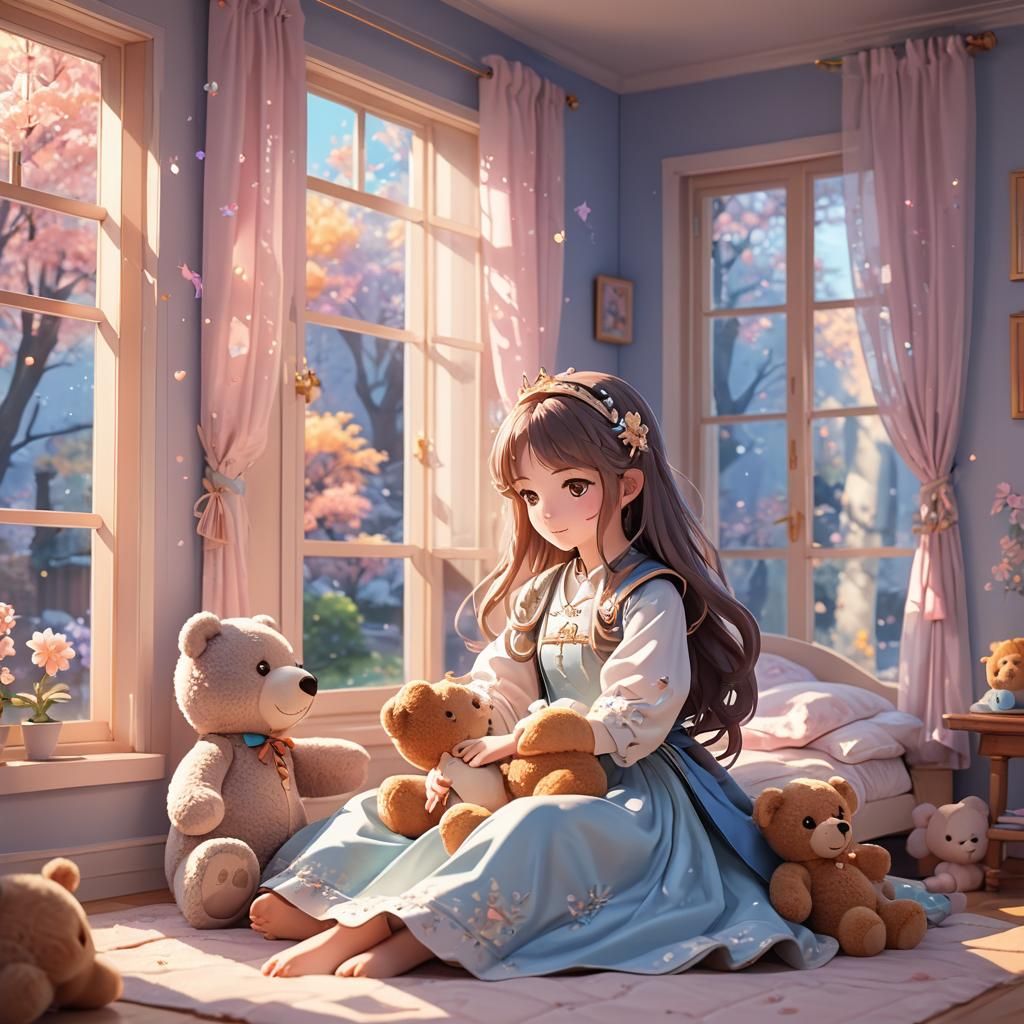 Cute Princess with Teddy Bear in 3D Anime Style