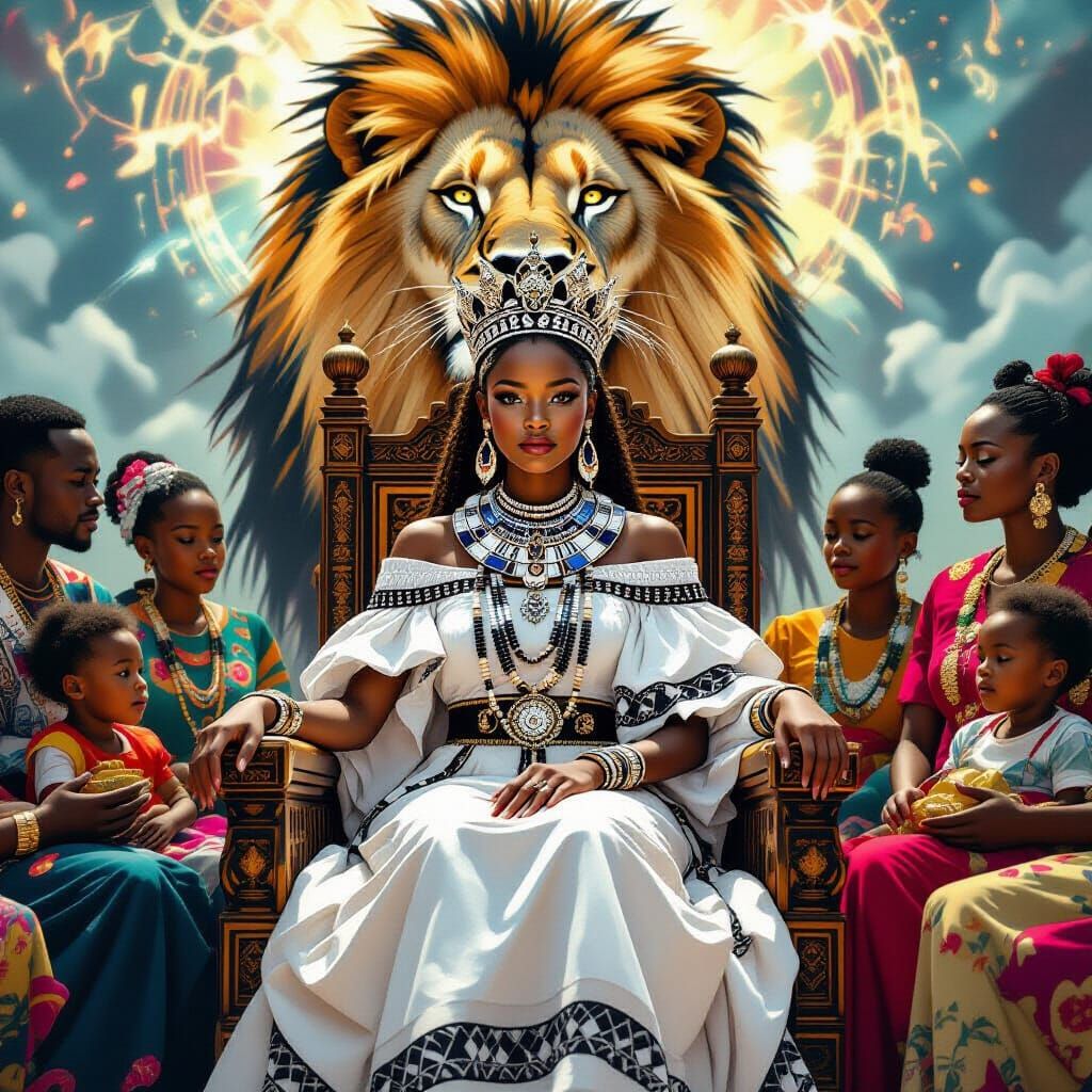 Regal Xhosa Queen on Throne with Lion Spirit