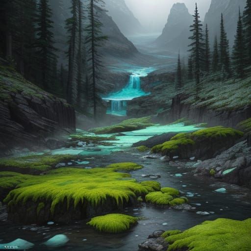 Lush Glacier-Moss Thriving in a Dark Fantasy Landscape