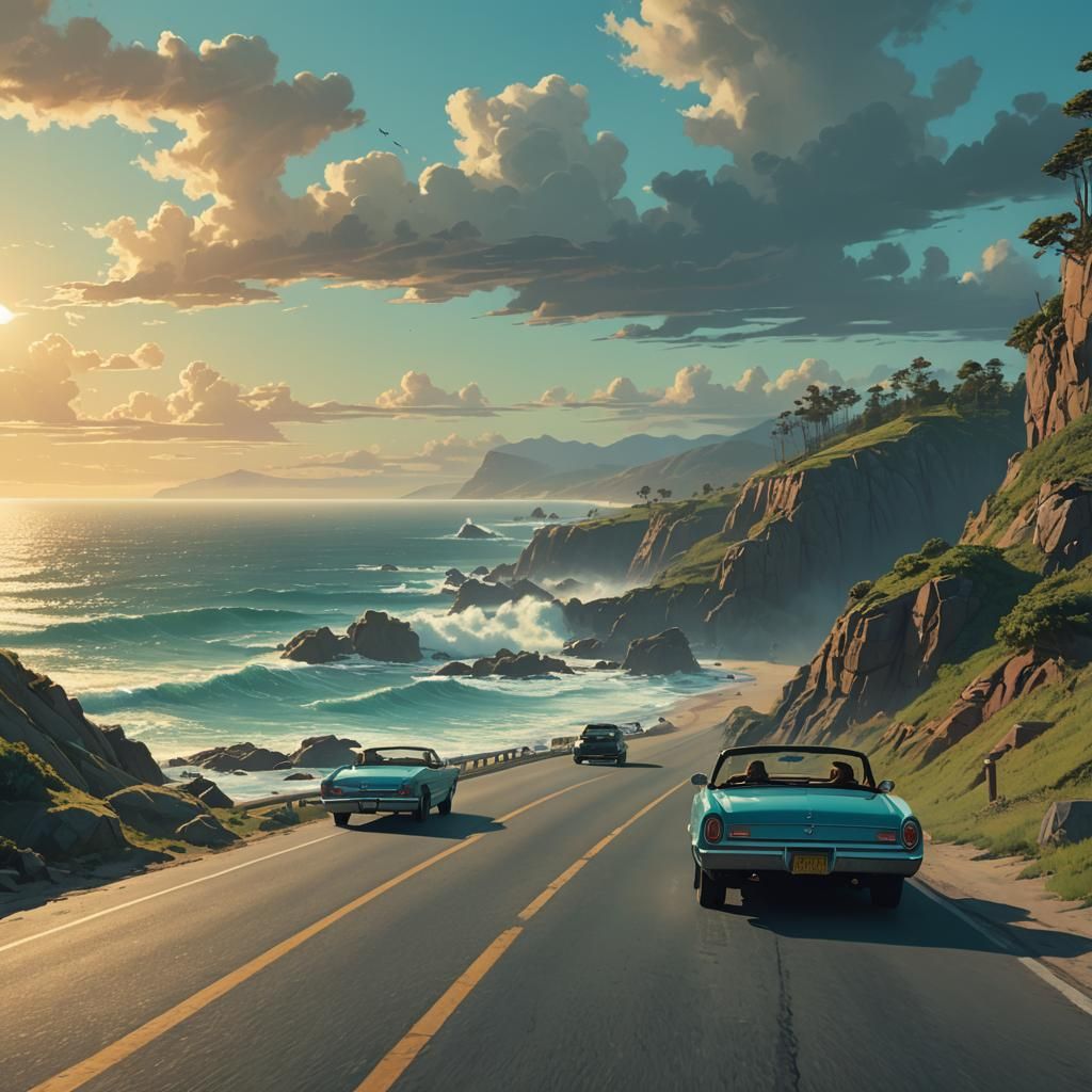 Coastal Drive in a Classic Car: Digital Matte Painting