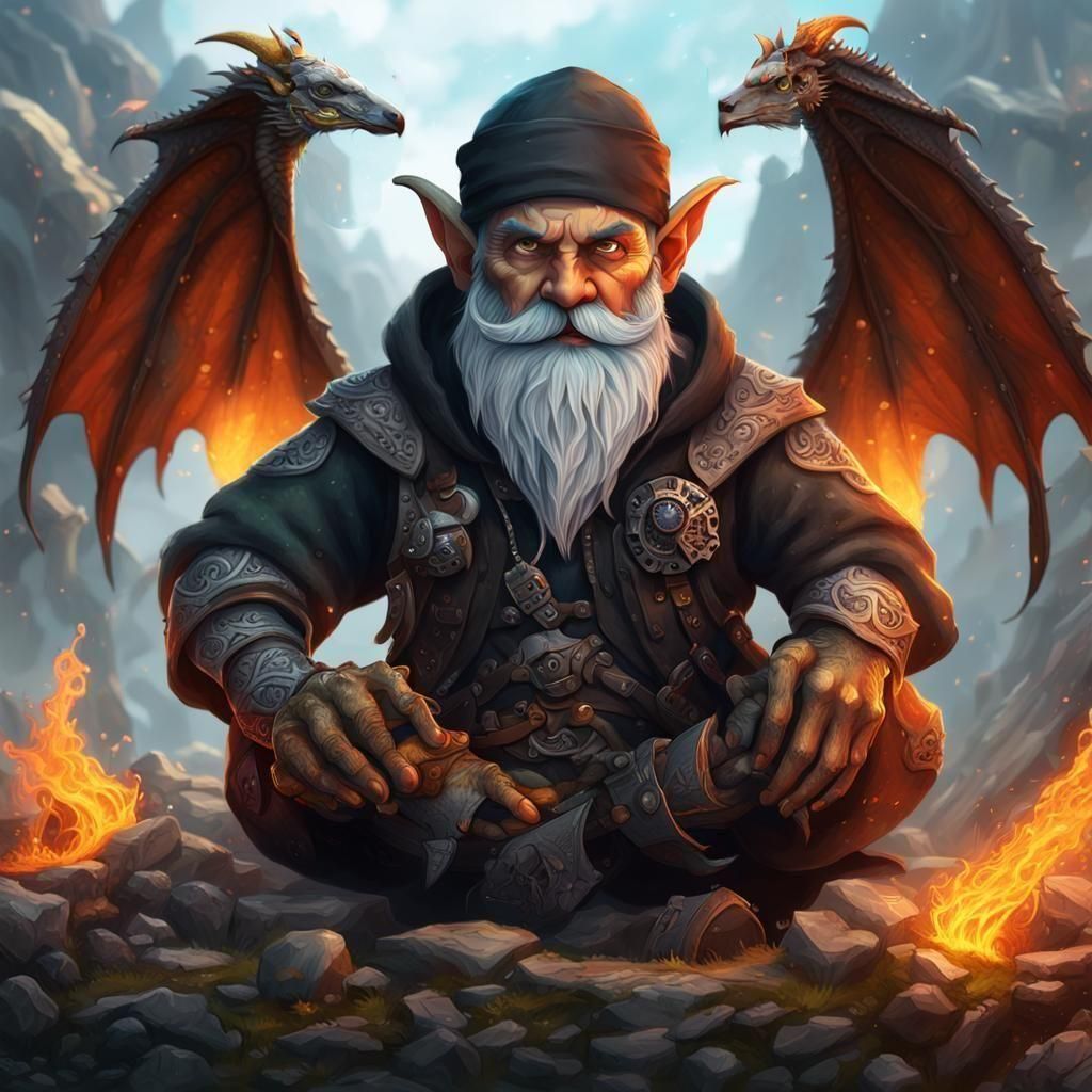 Gnome Sorcerer with Skull Bandana, Fantasy Concept Art