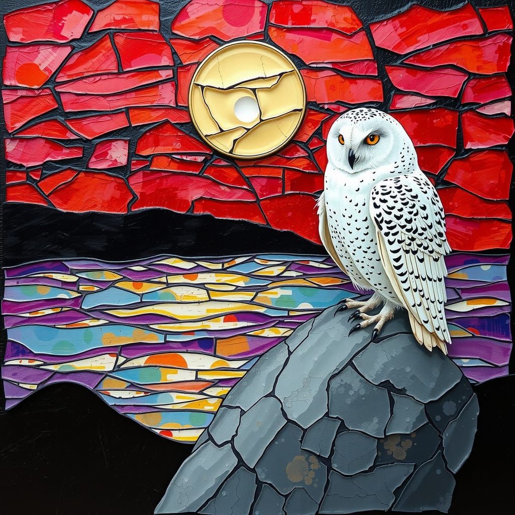 Surreal Sunset with Owl in Kintsugi Mosaic Style