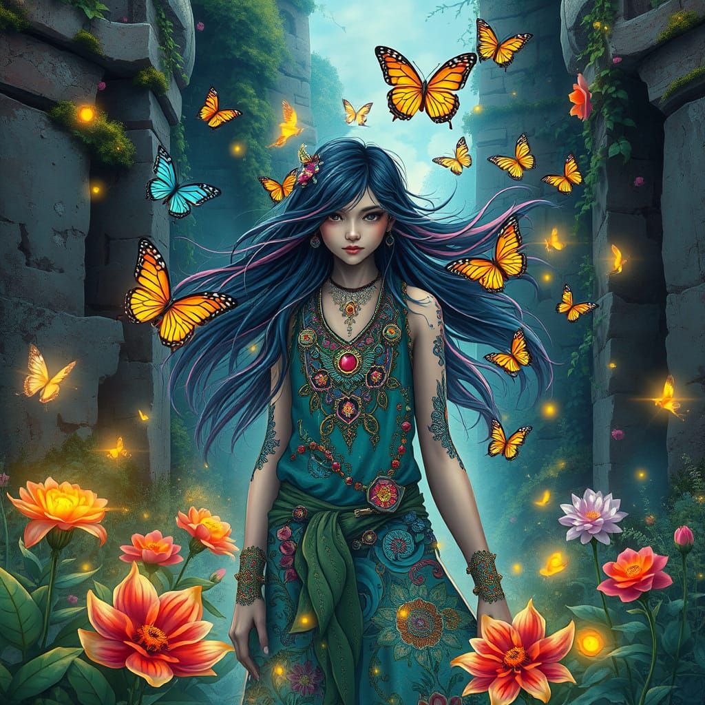Girl Lost in a Vibrant, Surreal World of Whimsy and Wonder