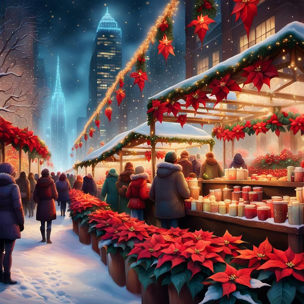 Magical Christmas Market in Poinsettia City at Night