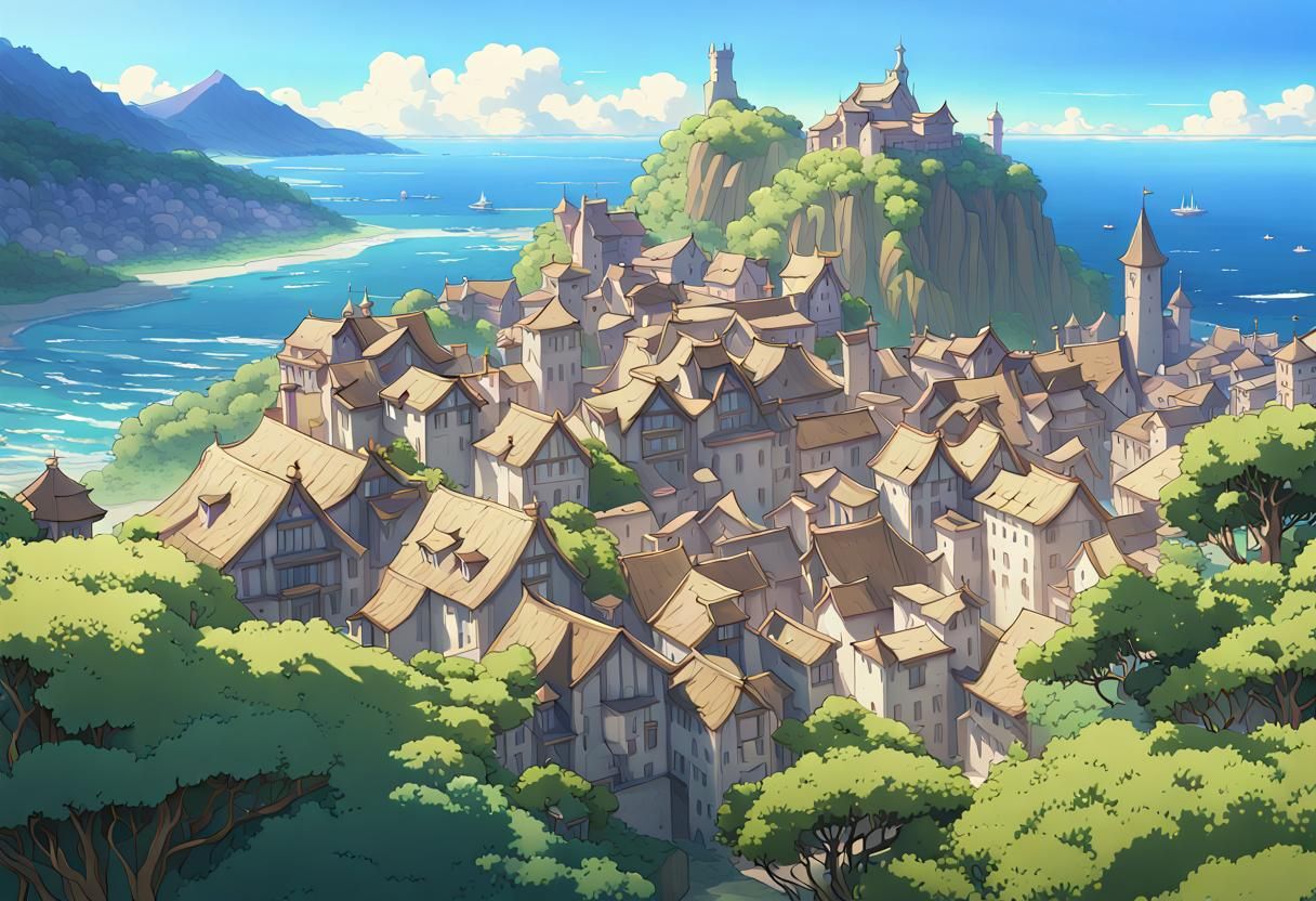 Anime-Style Medieval Town Overlooking the Sea