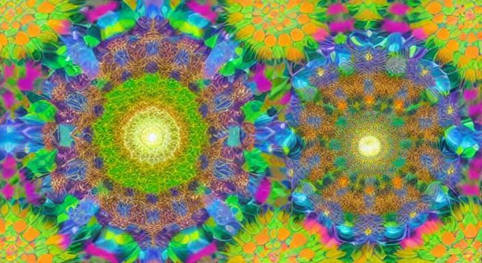 Kaleidoscopic Garden Vortex with Flowing Light Strands