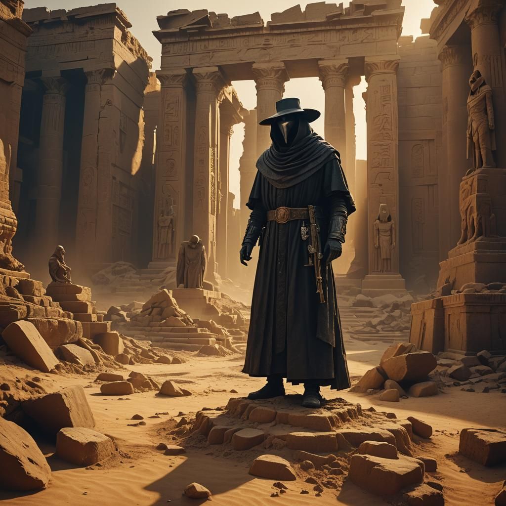 Plague Doctor Statue in Ancient Egyptian Ruins