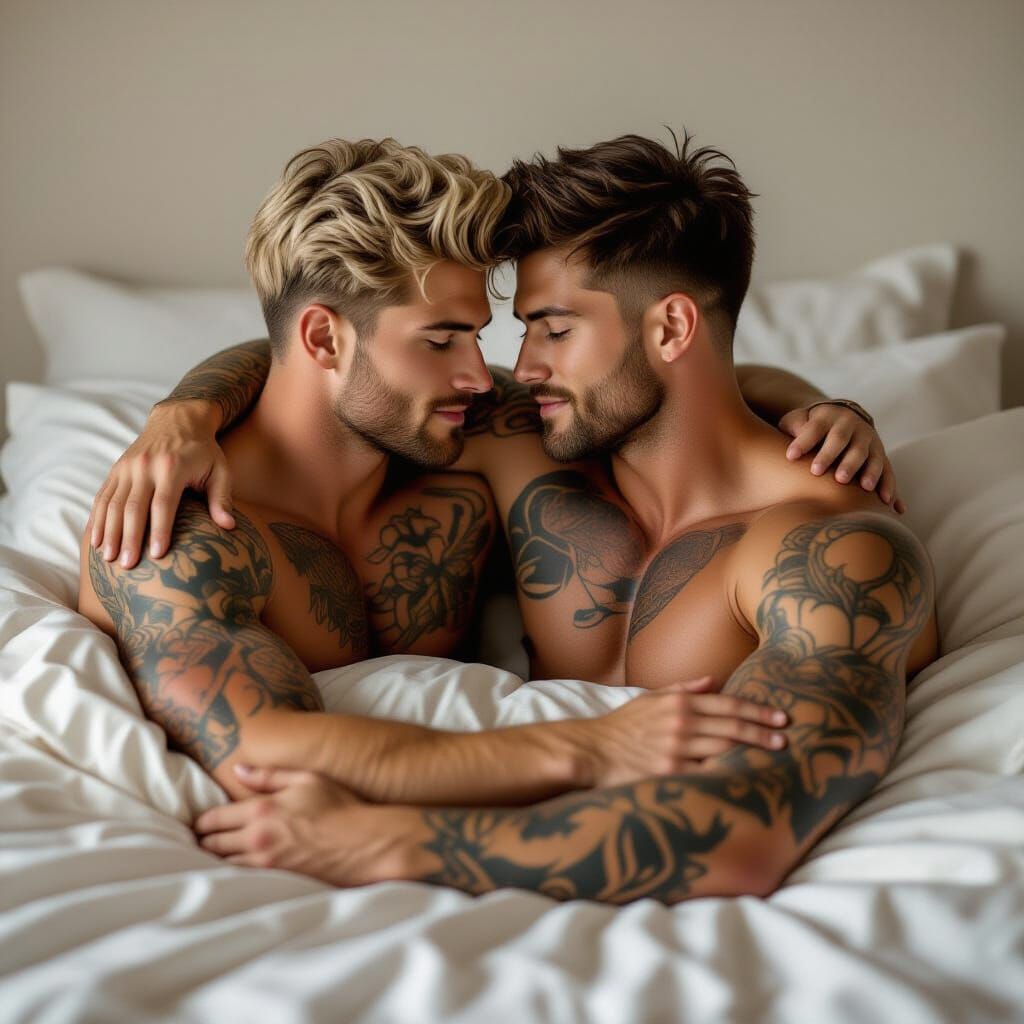 Romantic Embrace of Two Men on Satin Bed