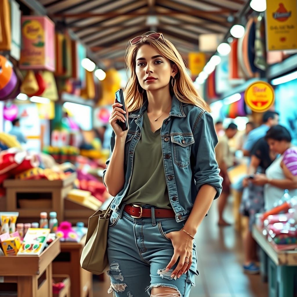 Smiling Woman in Vibrant Marketplace Scene