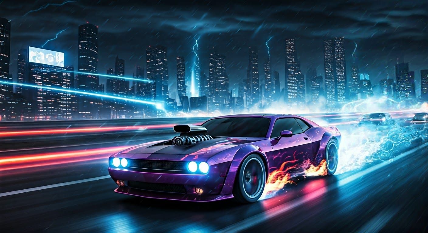Futuristic Purple Muscle Car Races Through Neon City