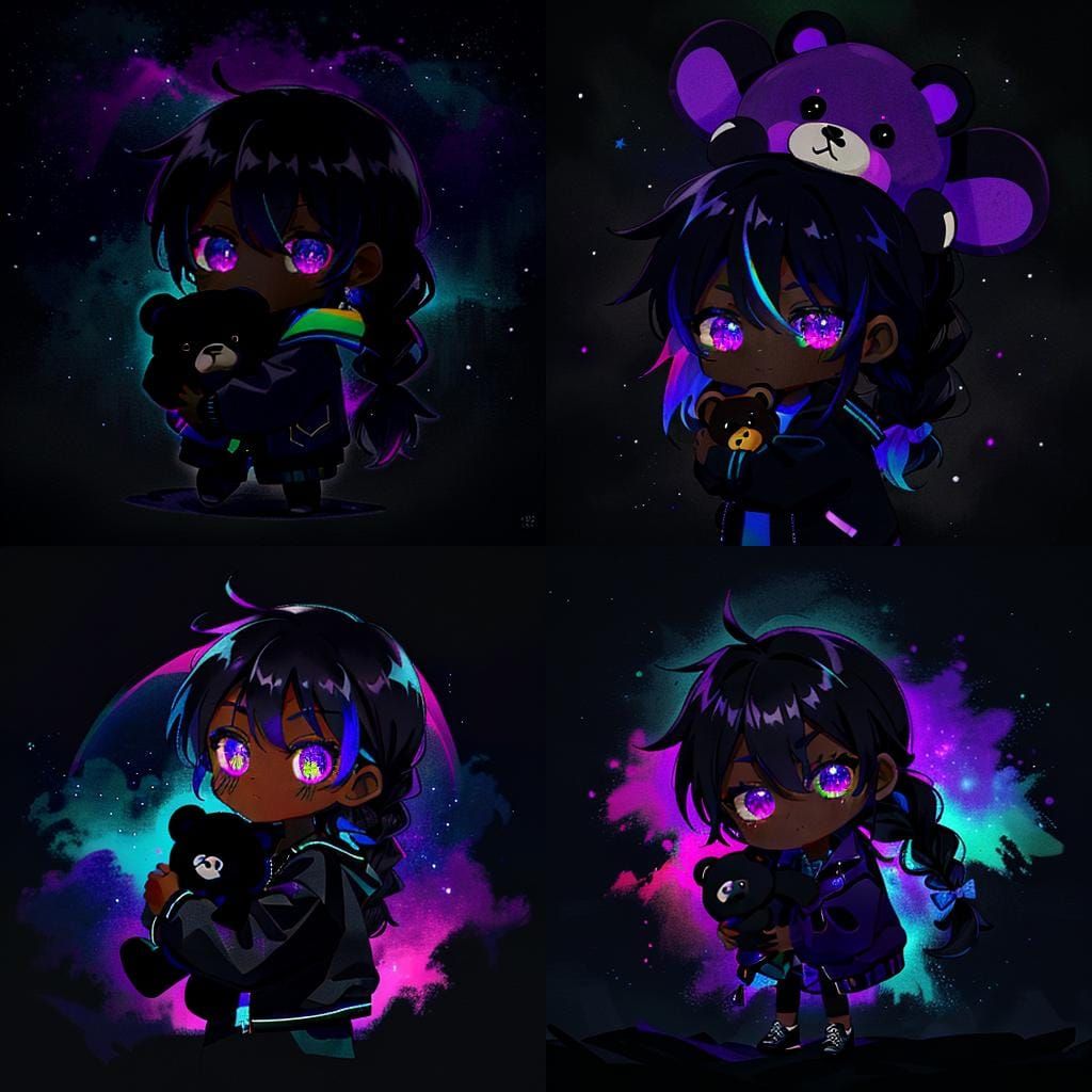 Chibi Child in Glowing Jacket with Teddy Bear
