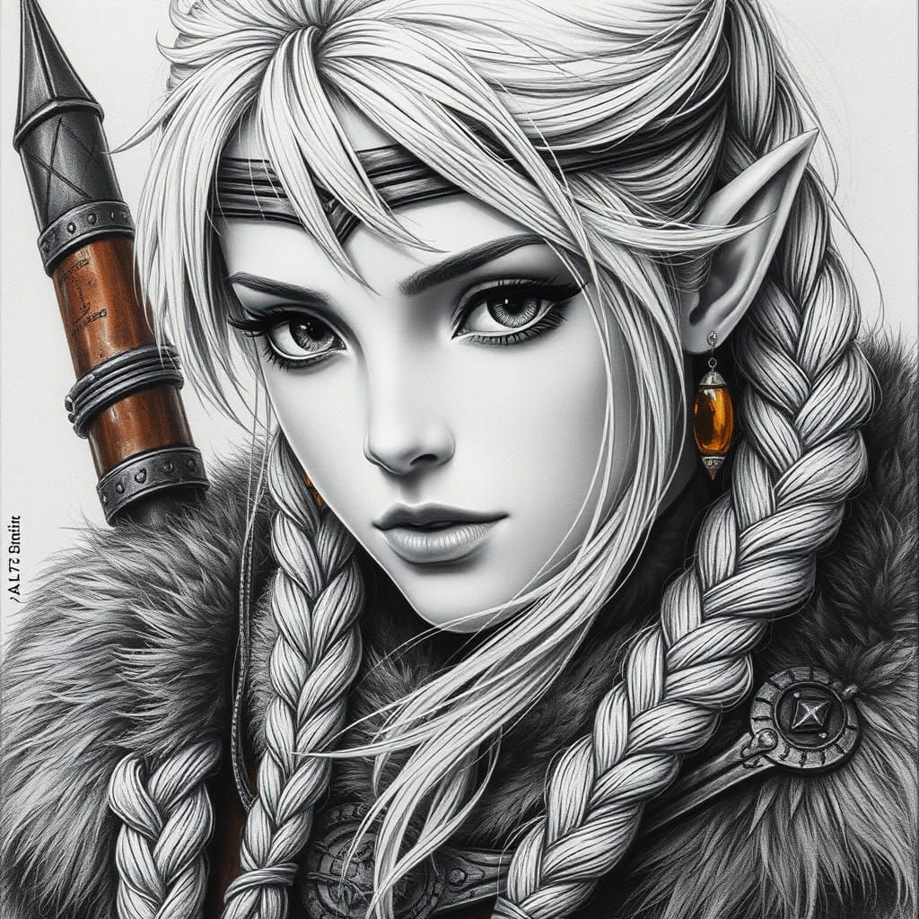hyperdetailed charcoal drawing executed primarily in charcoal, braided blonde haired medieval female barbarian elf, wear...