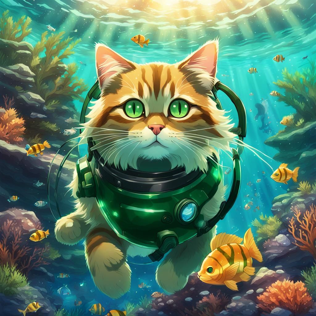 Amber Cat with Underwater Helmet in Anime Style