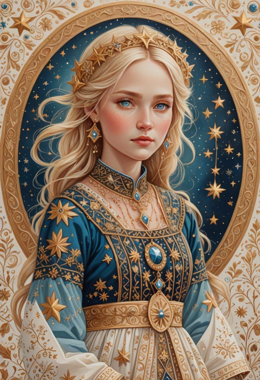 Folk Art Goddess in Latvian Attire with Celestial Symbols