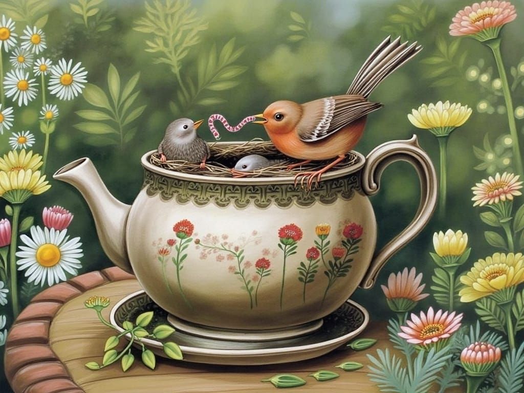 Robin Family in Teapot Nest, Fairytale Illustration