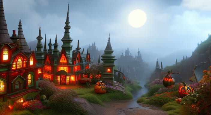 Halloween Town in Detailed Rendered Style