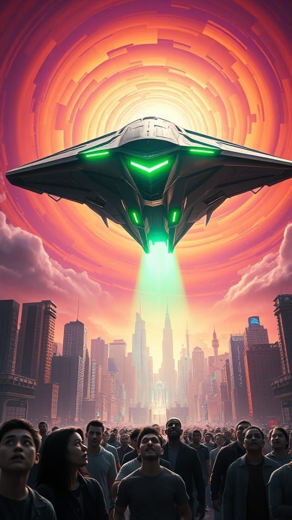 Futuristic Alien Spaceship Hovers Over Earth, Casting Ominou...