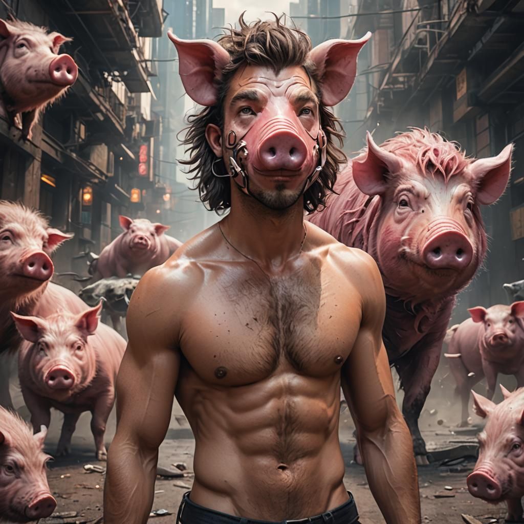 Futuristic Pig Mask on Handsome Man