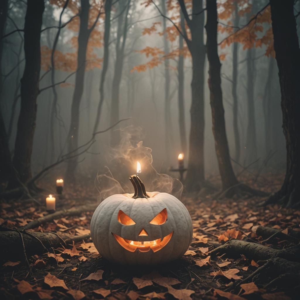 Eerie Halloween Pumpkin with Forest Spirits