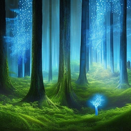 Glowing Blue Enchanted Forest at Night