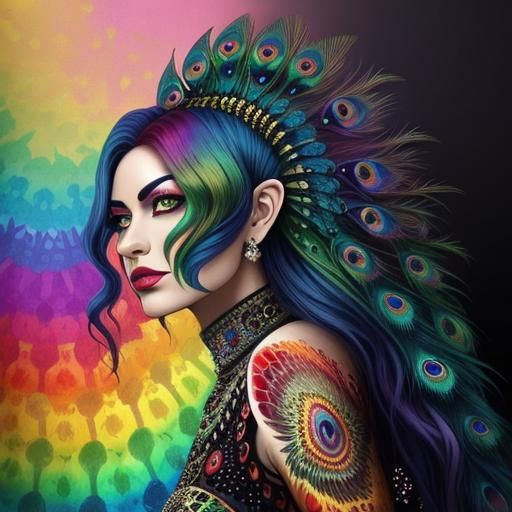 Woman with Rainbow Scales and Peacock Hair