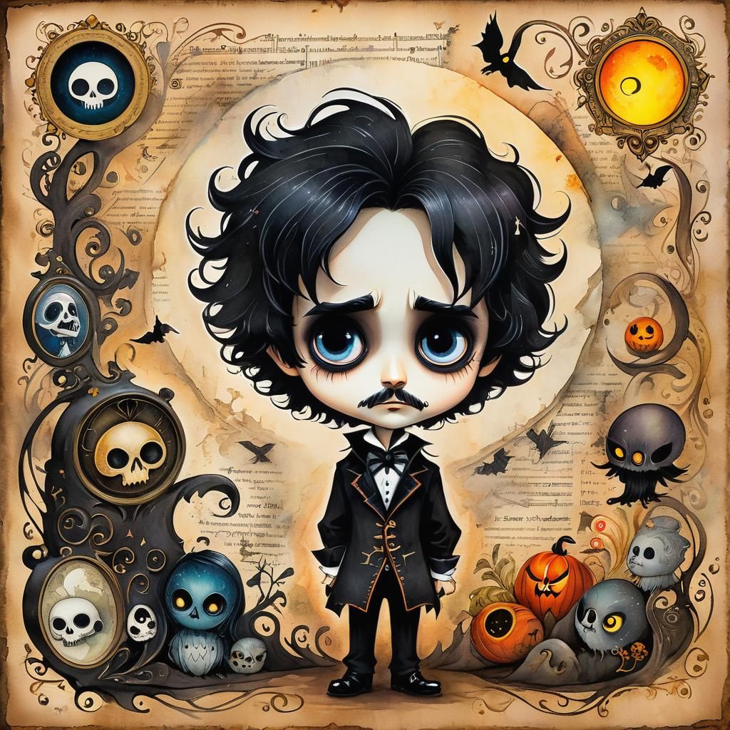 Chibi Edgar Allen Poe Watercolor in Tim Burton Style