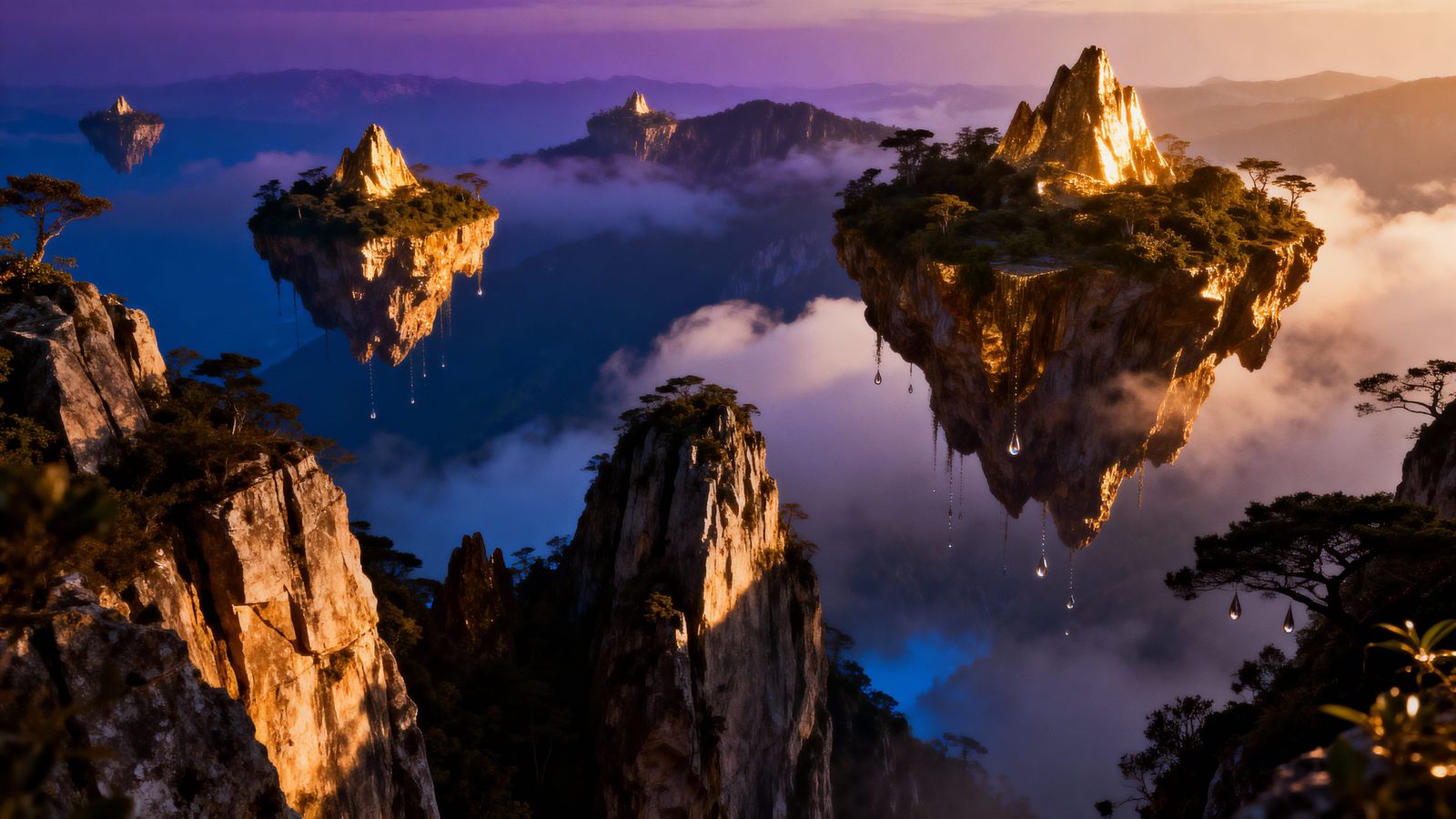 Surreal Floating Islands in Dreamlike Landscape