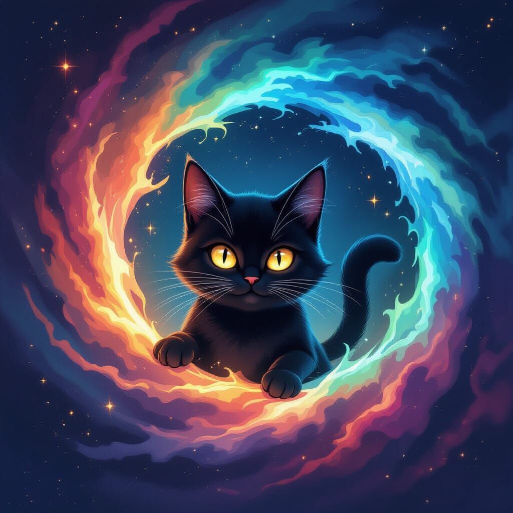 Mischievous Black Cat in Dark Fantasy Cosmic Art