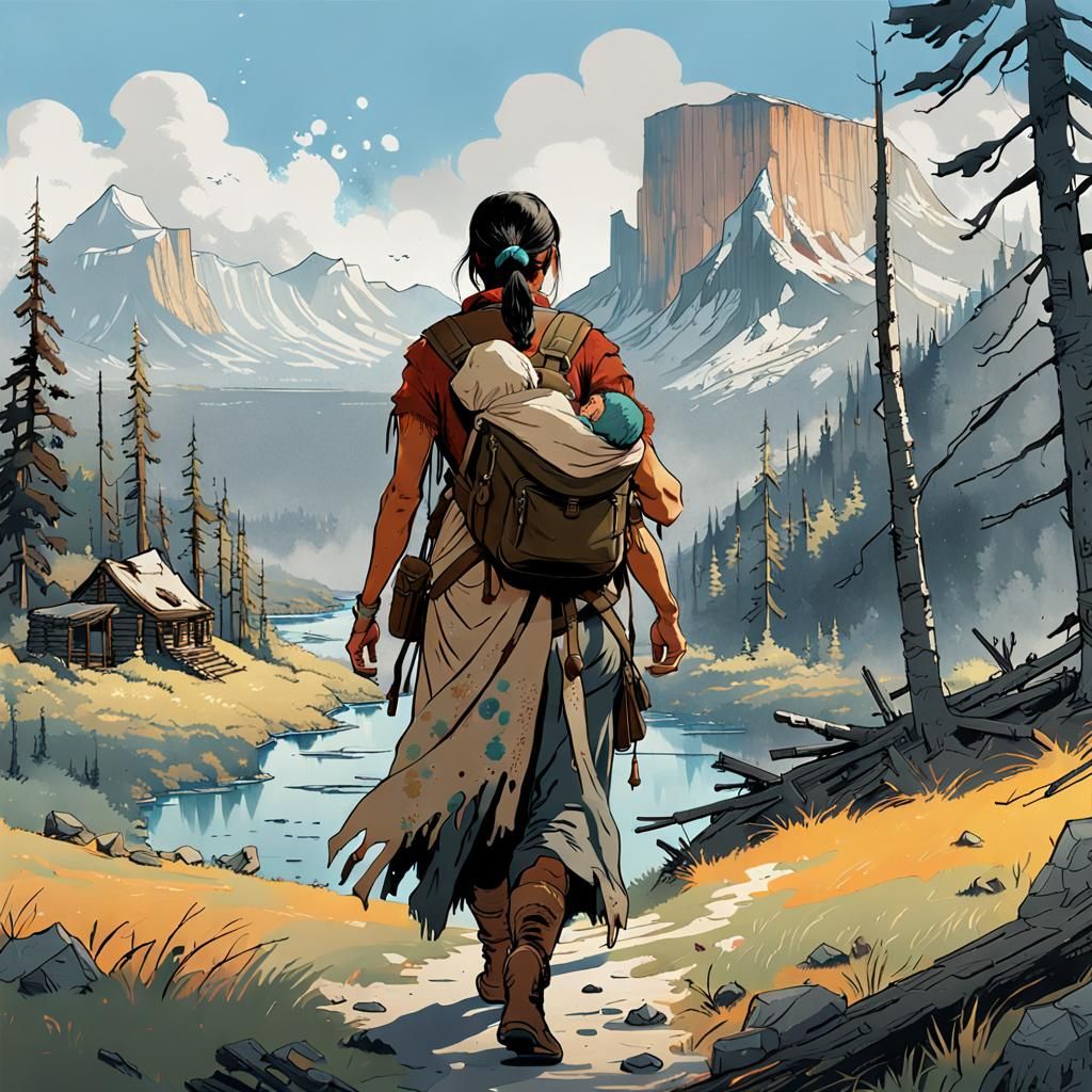 Sacagawea Hiking with Lewis and Clark: Detailed Art
