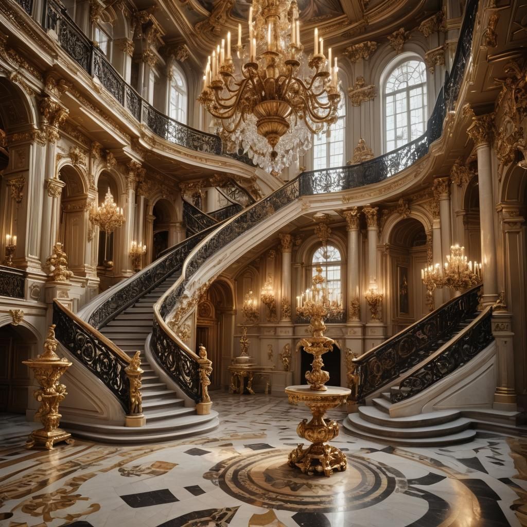 Opulent Baroque Architecture with Grand Staircase