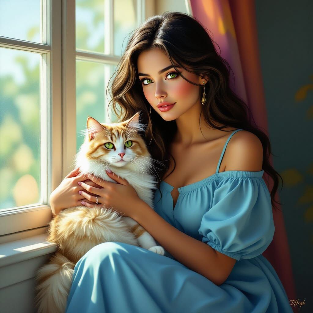 Woman with Green Eyes and Cat by Window