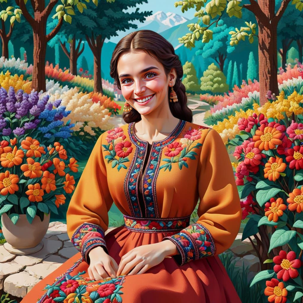 Traditional Georgian Woman Embroidered with Flowers and Tree...