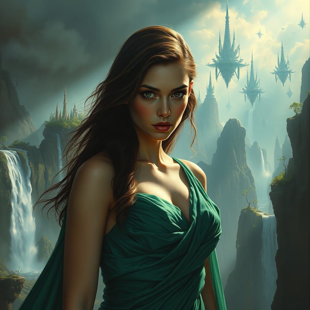 Mysterious Woman in Emerald Gown, Hyperrealistic Surreal Art