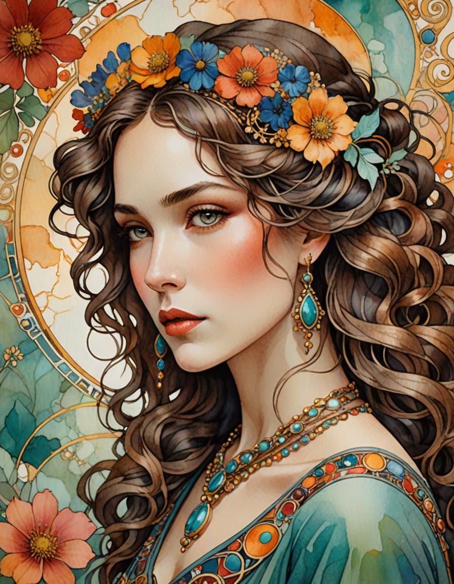 Vintage Elegance Woman in a Whimsical Watercolor Landscape