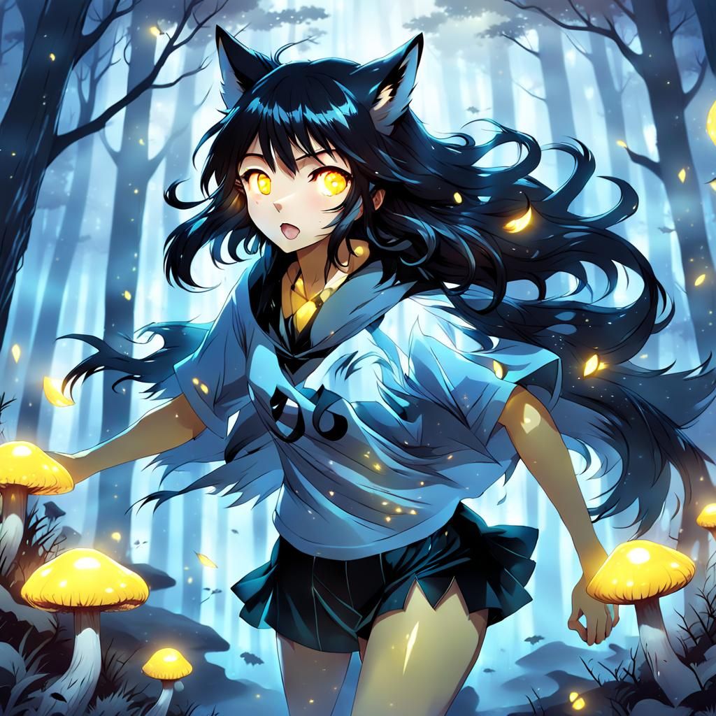 Anime Wolf Girl Runs Through Misty Forest