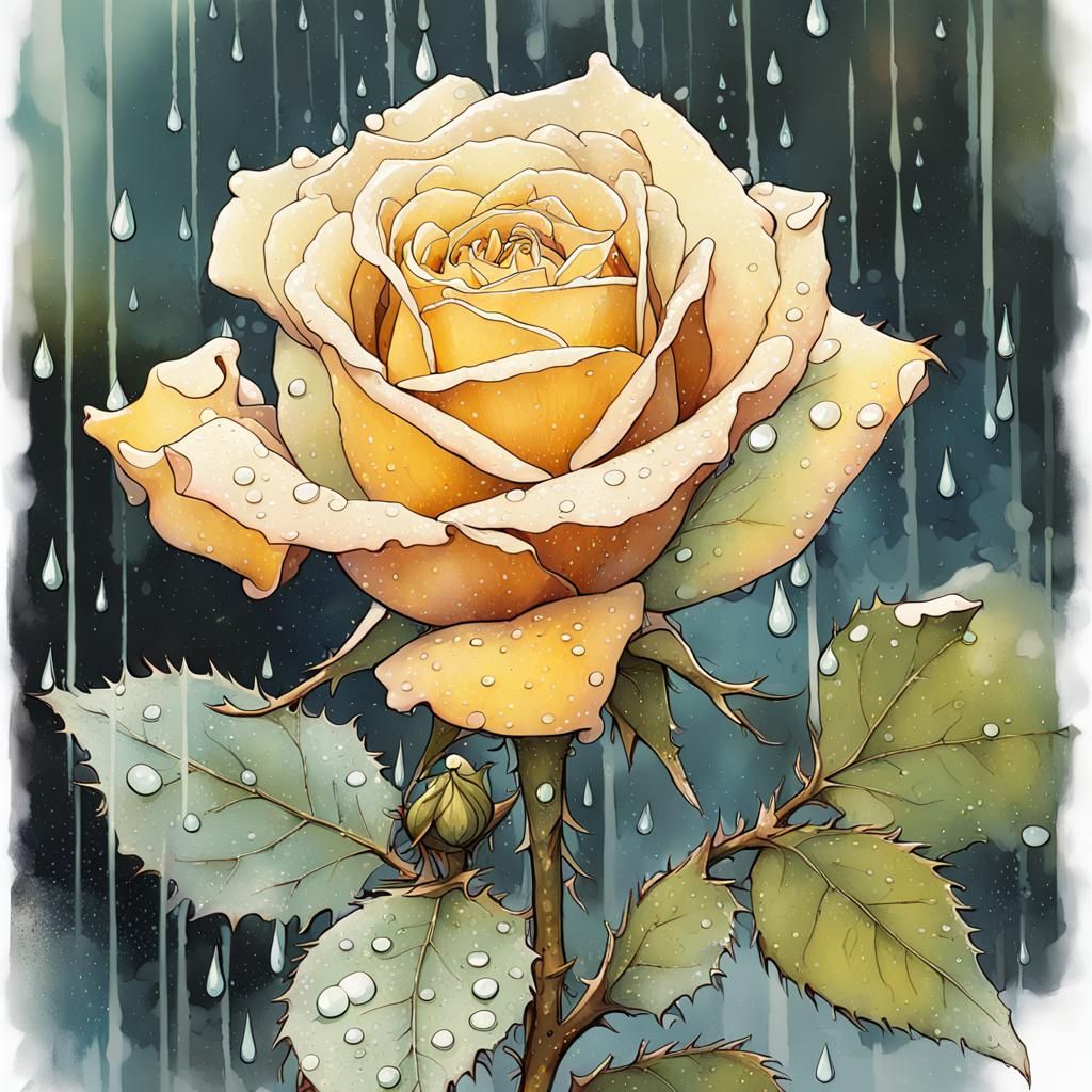 Yellow Rose in Rain: Botanical Ink Illustration