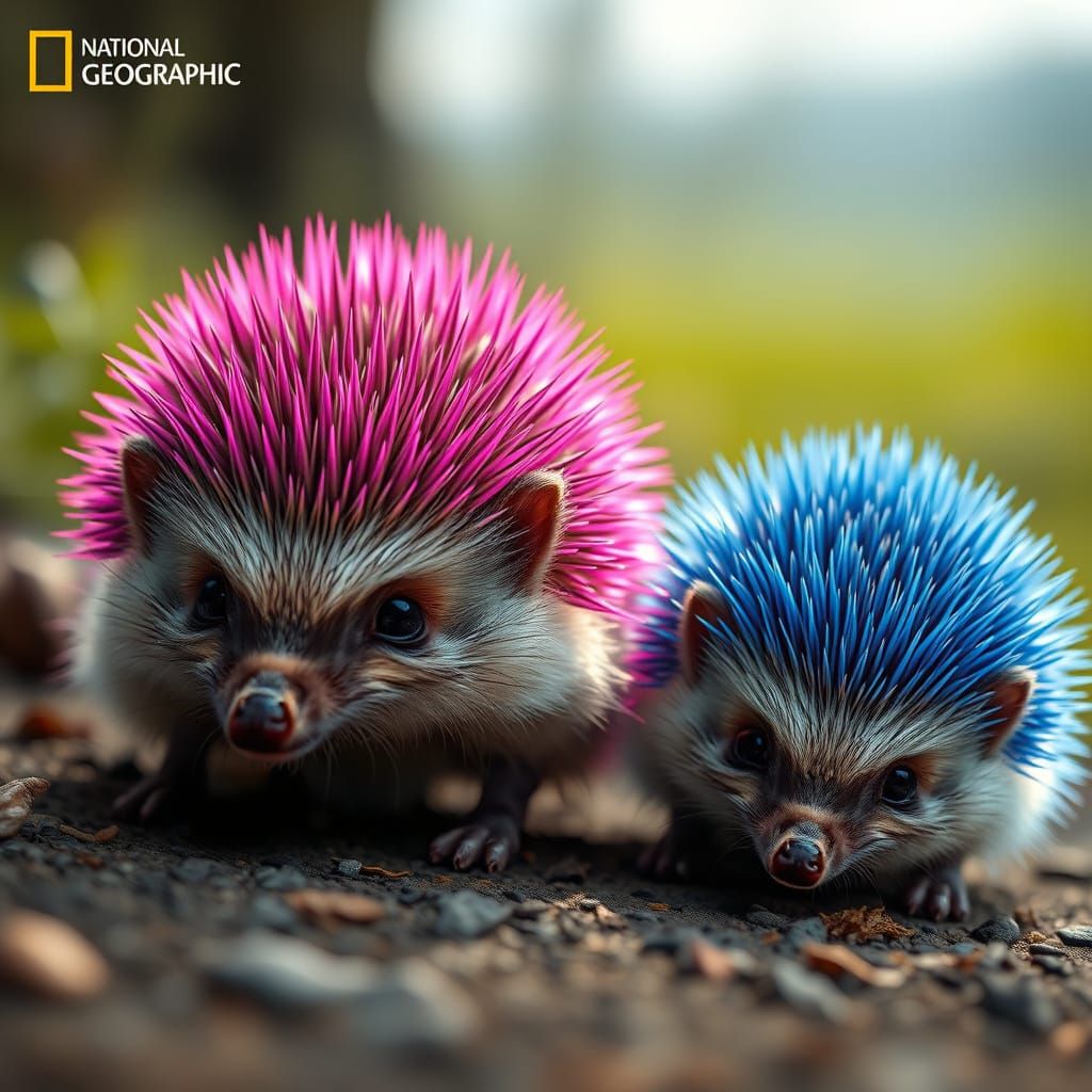 Photorealistic Hedgehogs with Pink and Blue Spines