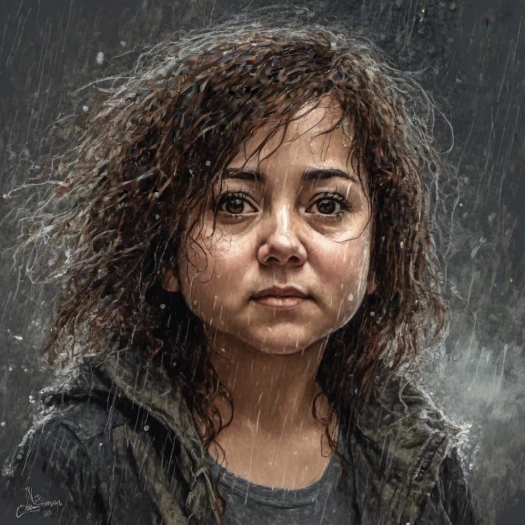 Chibi Character in Stormy Weather, Digital Art