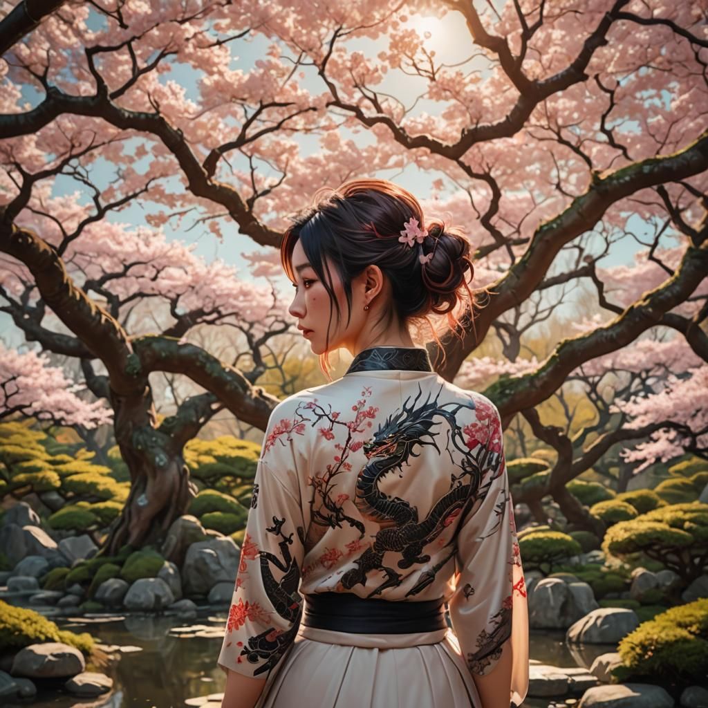 Girl with Dragon Tattoo in Japanese Garden
