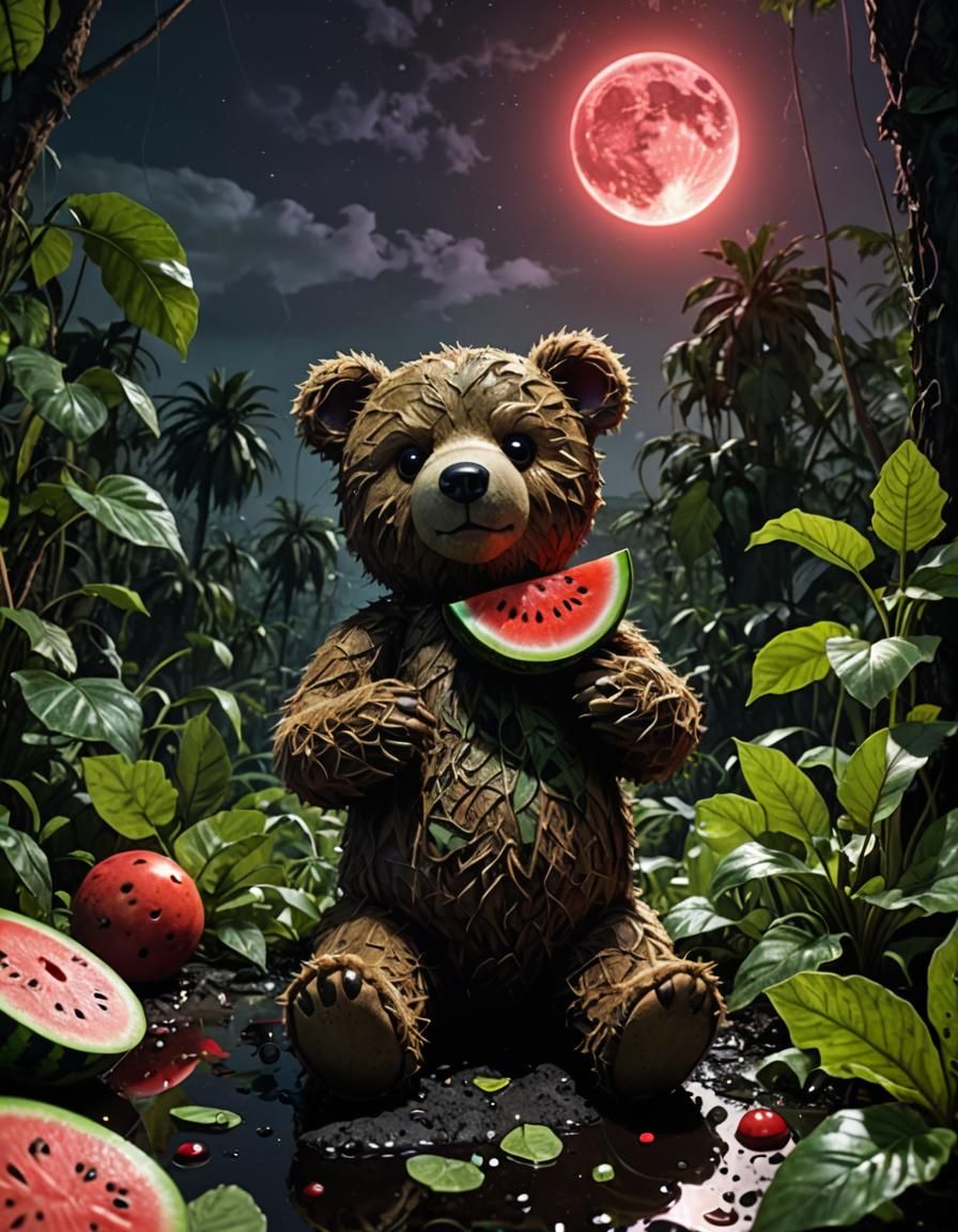 A Teddy bear doll with a body made from a watermelon