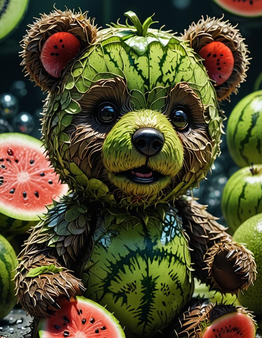 A Teddy bear doll with a body made from a watermelon