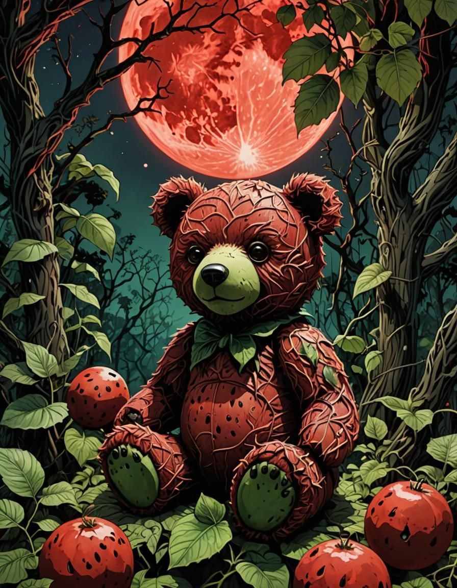 A Teddy bear doll with a body made from a watermelon