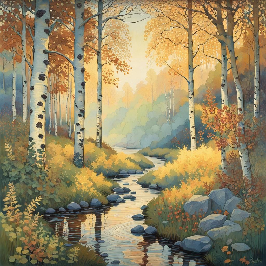 Autumnal Birch Forest Stream in Art Nouveau Style