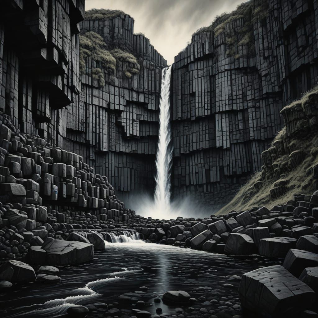 Svartifoss Waterfall in Charcoal Drawing Style