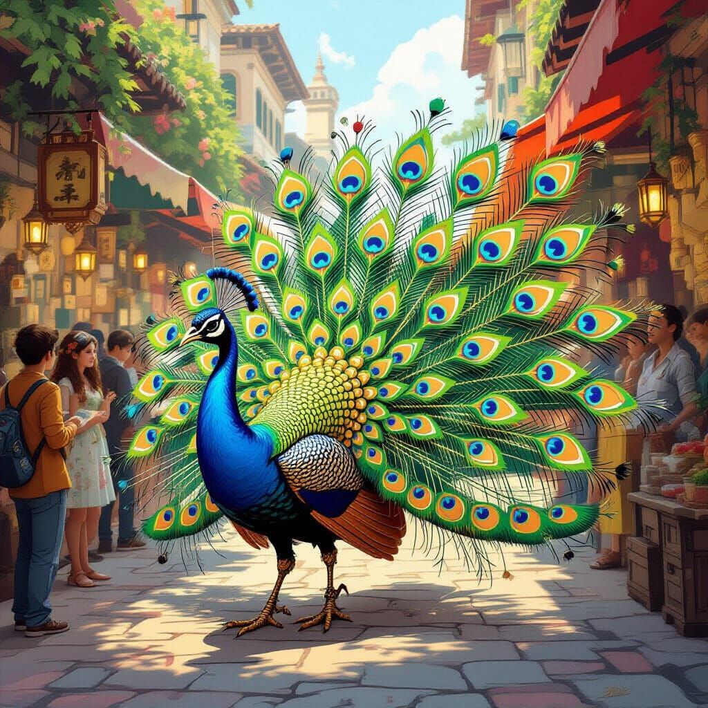 Steampunk Peacock Automaton in Bustling Marketplace