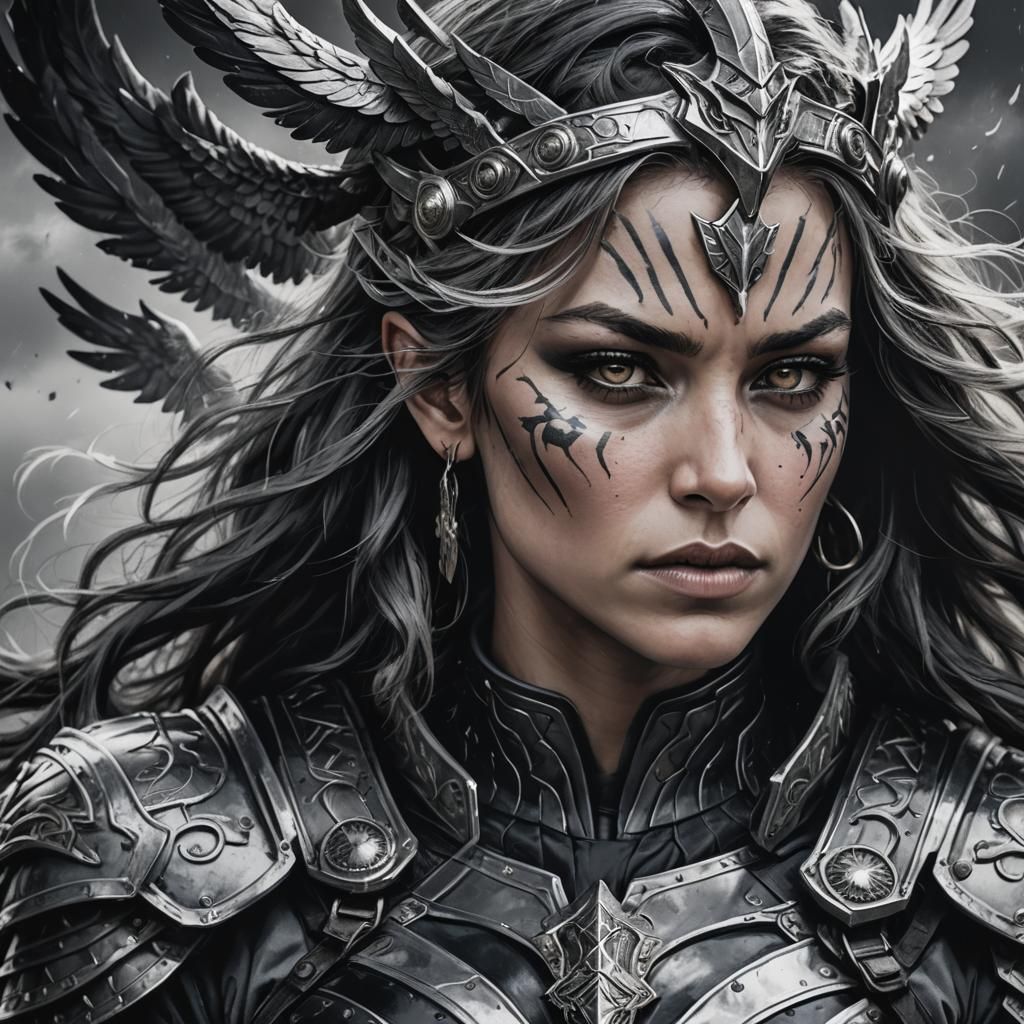 High Contrast Valkyrie Portrait in Black and Grey