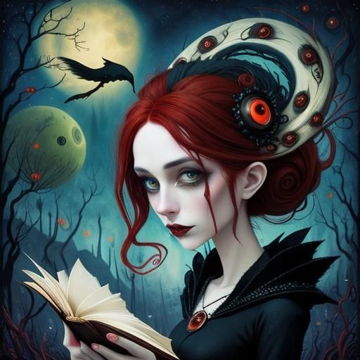 Gothic Punk Redhead Reading: A Modern Fairytale Scene