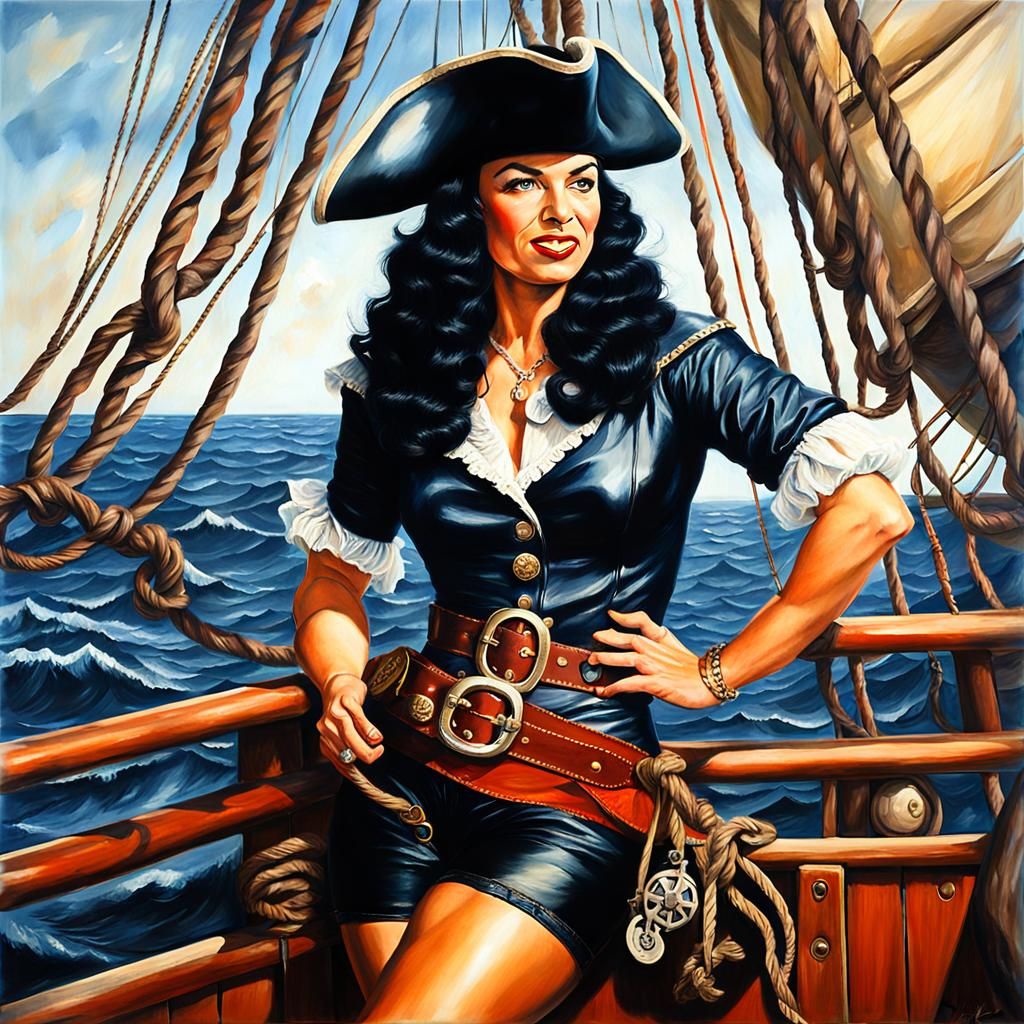 Pirate Bettie Page on Sailing Ship in Photorealism