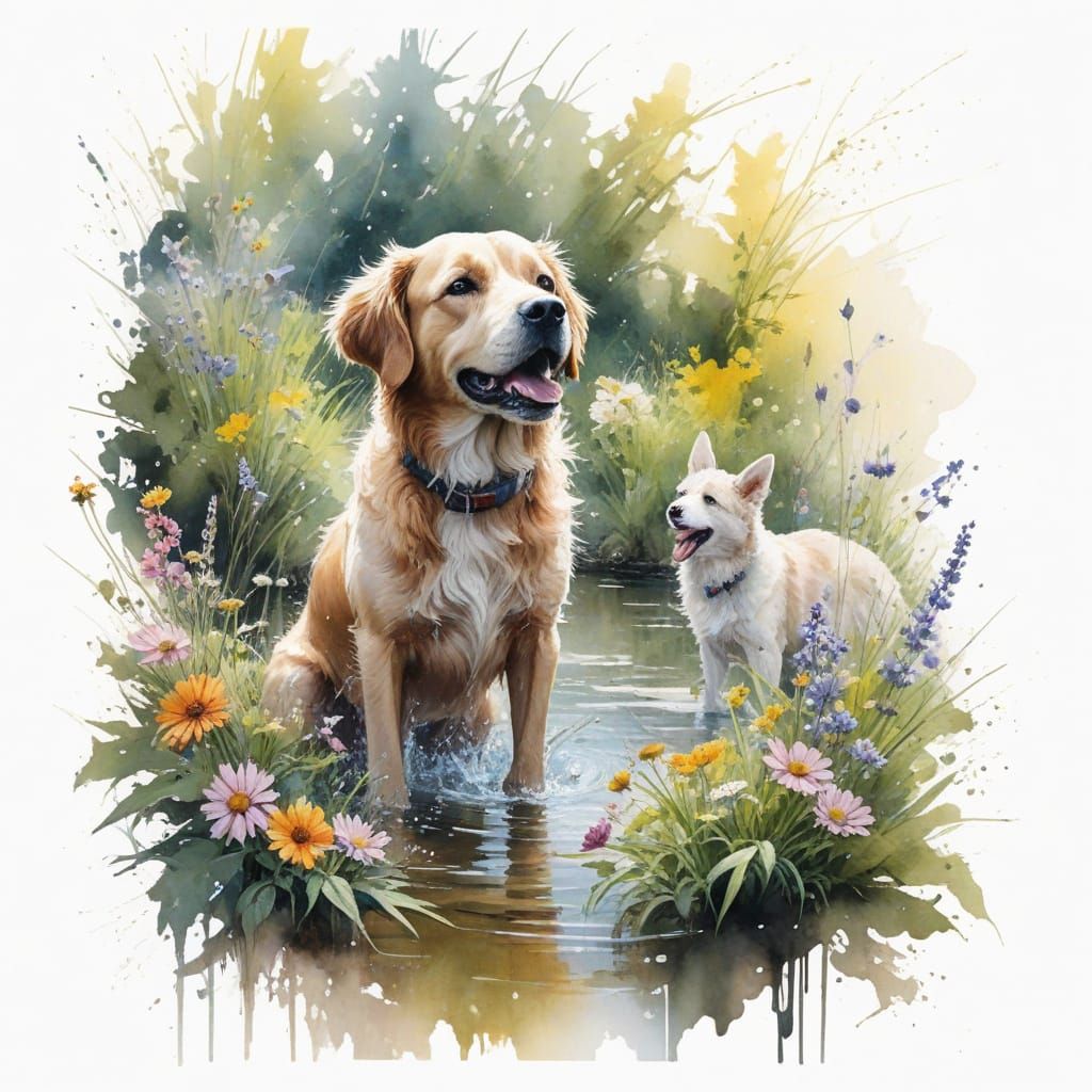 Dogs Play in a Vibrant River Garden Scene